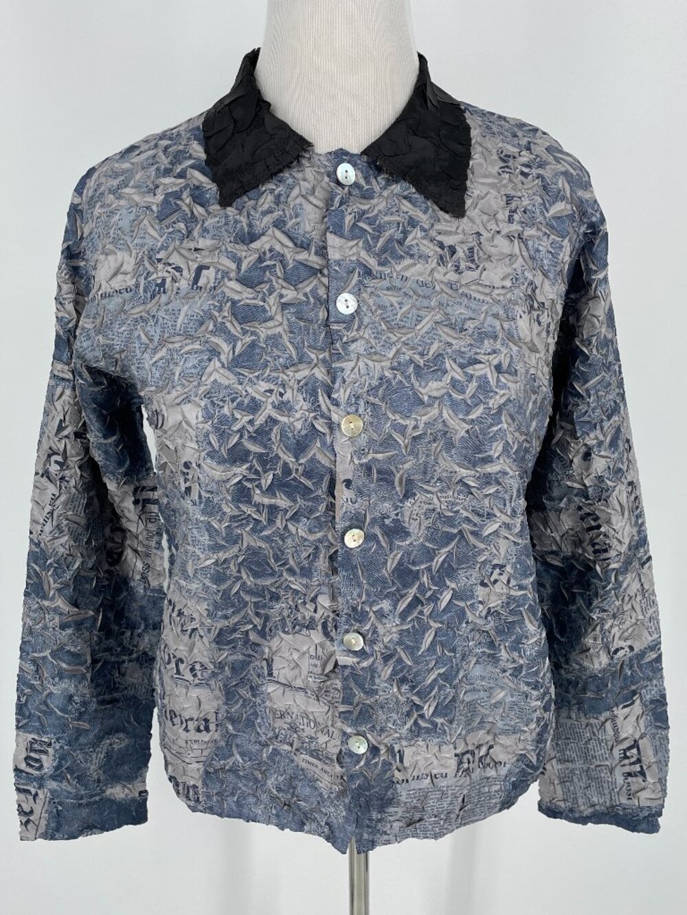 Pleats Collection Reversible Newspaper Print Crinkle Blouse Sculptural S